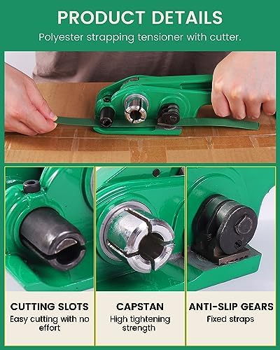FoundGo PET Banding Strapping Kit for Heavy Duty Tough Pallet Packaging Strapping Tool with >1500lbs 5/8" x 2000' PET Strapping Roll & its own Pull-Out Box 200 Corner Protectors 450 Seals-Green