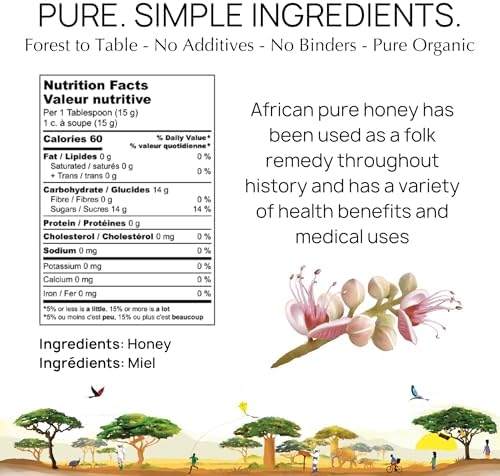 Julbernardia Blossom Organic Raw Honey in Glass Jar, Raw Organic Honey Extracted from Wild Honeycombs in Zambia Woodlands, Unpasteurized Miel de Abeja Organica, 12.35oz