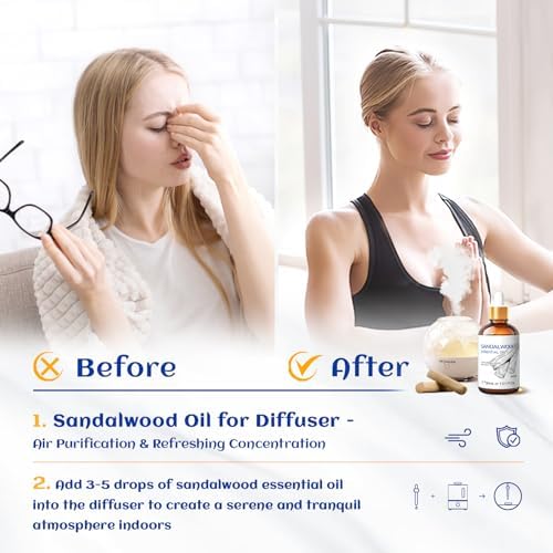 HIQILI Sandalwood Essential Oils 1 Fl Oz, 100% Pure Natural Therapeutic Grade for Skin, Diffuser, Perfume, Candle Soap Making, Includes Premium Quality Glass Dropper