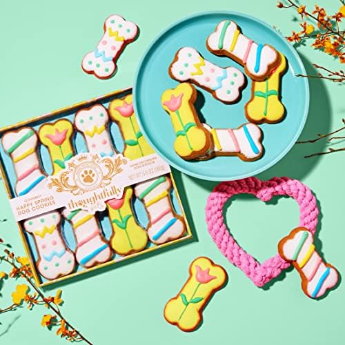 Thoughtfully Pets, Gourmet Dog Cookie Gift Set, Peanut Butter Flavored Crunchy Dog Treats in Bone Shape with Easter Spring Designs, Set of 8