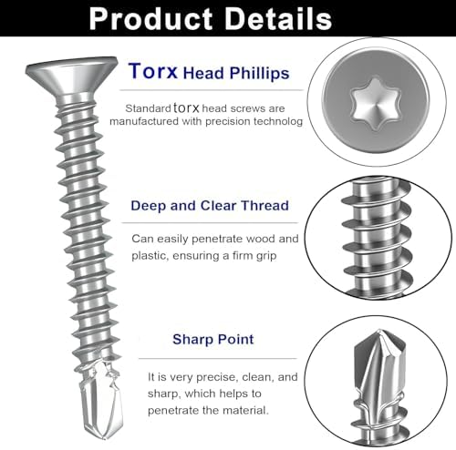 100Pcs Torx Drive High-Strength Quick Tapping Screws for Metal, #8 x 1-1/4" Flat Countersunk Head Self Drilling Screws, 410 Stainless Steel Sheet Metal TEK Screws Assortment with 1 Pcs T20 Bits