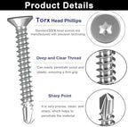 100Pcs Torx Drive High-Strength Quick Tapping Screws for Metal, #8 x 1-1/4" Flat Countersunk Head Self Drilling Screws, 410 Stainless Steel Sheet Metal TEK Screws Assortment with 1 Pcs T20 Bits