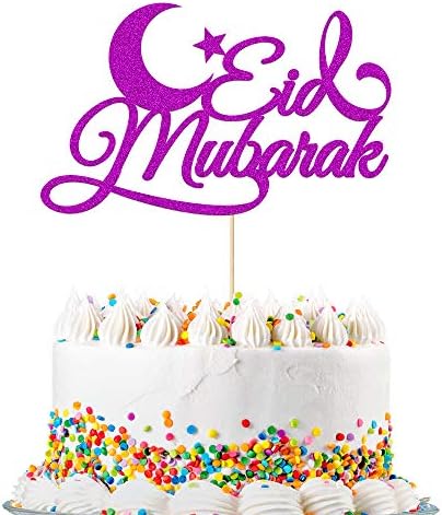 Eid Mubarak Glitter Cake Topper Ramadan Islam Party Decoration Hajj Double Sided Glitter Card(Purple)