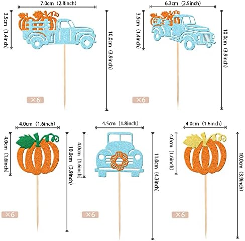 30 PCS Pumpkin Truck Cupcake Toppers Glitter Fall Theme Truck Cupcake Picks Pumpkin Cake Decorations for Harvest Thanksgiving Day Theme Wedding Birthday Party Supplies Blue