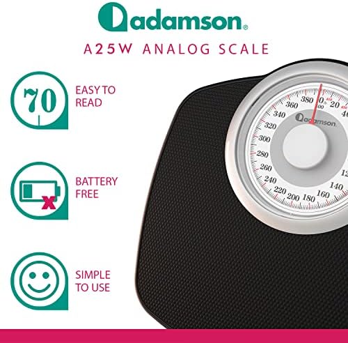 Adamson A25W Scales for Body Weight - Up to 400 LB - 5.3" Dial on 12.4" x 10.2" Platform - Anti-Skid Rubber Surface - High Precision Bathroom Scale Analog - Durable with 20-Year Assurance - White