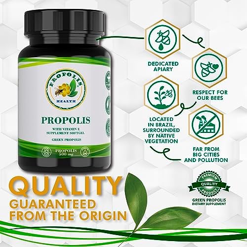 Propolis Health Propolis Capsules 1000mg-Daily with Vitamin E Per dose - Pure Brazilian Green Propolis Extract - Immune Booster 50 Days Supply -100 Capsules