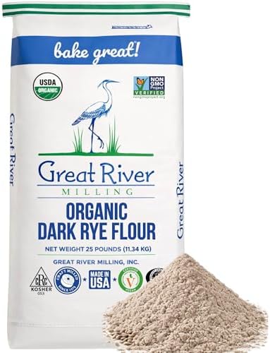 Great River Milling Organic Dark Rye Flour | Whole Grain, Non-GMO, Kosher, Unbromated | Earthy Flavor for Rye Bread, Sourdough Starter, Bagels, Crackers & Artisan Baking | 25 Lb