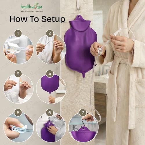 HealthAndYoga™ NaturoFlo Superior Enema Bag Kit with Silicone Tubing Hose and Fittings - 2 Quart Fountain Open top Kit for Fleet Enema and Anal Douche - Purple