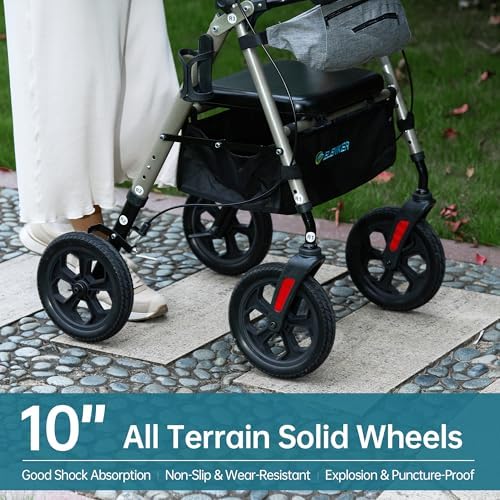 ELENKER All Terrain Rollator Walker with Seat for Seniors, Foldable Rolling Walker, with 10” Big Solid Wheels, Front Pouch, Cup Holder, Fully Adjustment Frame, Champagne