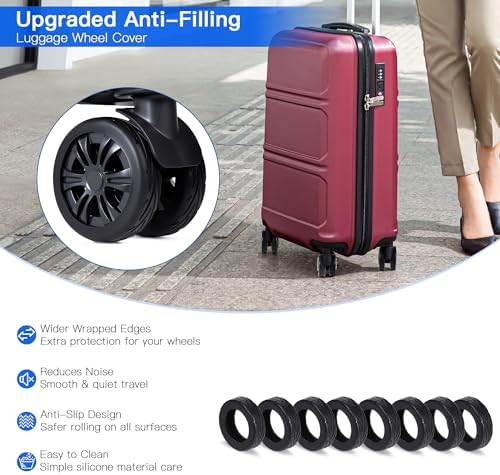 8PCS Luggage Wheel Covers for Spinner Wheels, Silicone Suitcase Wheel Protectors, Wear-Resistant & Anti-Noise, Fits 2–2.4 Inch Wheels (Black)