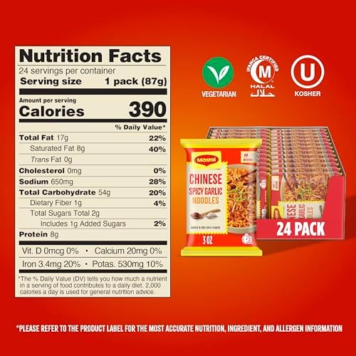 Maggi Chinese Spicy Garlic Noodles, Instant Ramen Noodles, 3 min, Vegetarian, Halal, Kosher, 24-Pack