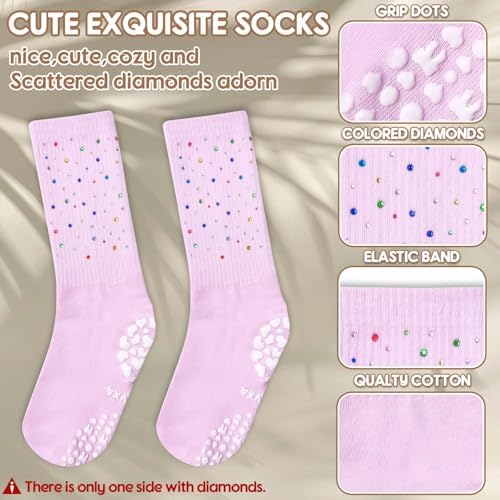 3 Pairs Cute Pilates Grip Socks for Women Bling Glitter Rhinestone Crew Non Slip Grip Socks for Yoga, Barre,Barefoot