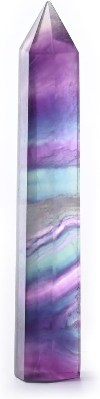 WHAL&YUNE Gemstone Wands 1PC, Rainbow Fluorite Hexagonal Wands Gemstone Tower, Natural Hand Carved Pointed Stone Fluorite Crystal for Meditation, Home Decor-3"-3.5"(8-9cm)