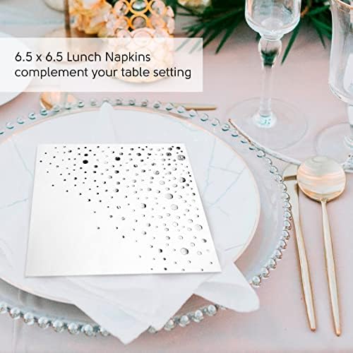 Stylish Silver Napkins - 100 Pack of White and Silver Lunch Napkins - Add Sparkle to Your Event with 6.5 x 6.5 Inch Party Napkins - Disposable 3 Ply Wedding Napkins for Reception