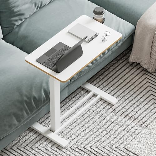 Medical Overbed Adjustable Bedside Table with Hidden Casters, Pneumatic Mobile Rolling Laptop Standing Desk with Tray for Home and Hospital Use, White