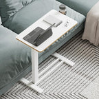 Medical Overbed Adjustable Bedside Table with Hidden Casters, Pneumatic Mobile Rolling Laptop Standing Desk with Tray for Home and Hospital Use, White