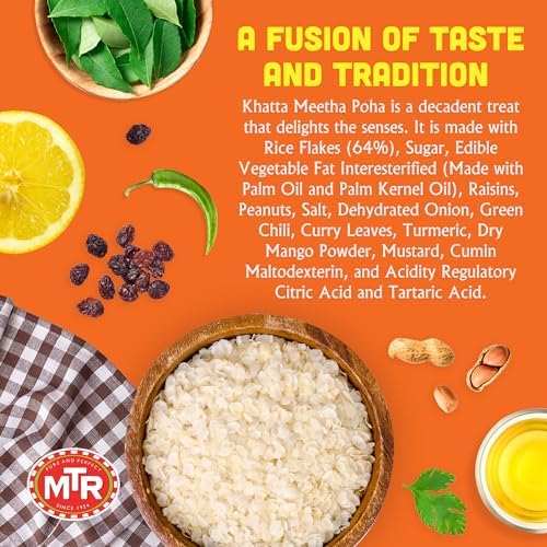 MTR 3minute Khatta Meetha Poha - Ready-to-Cook Mix - Authentic Indian Food in Just 3 Minutes - 100% Vegetarian - No Added Preservatives - Just Add Hot Water - Quick & Easy (Khatta Meetha Poha, 160g, Pack of 6)