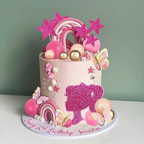 Hot Pink Girl Cake Toppers with Pink Gold Butterfly Balls Star Doll Cake Toppers for Wedding Anniversary Girl Birthday (Style 1)