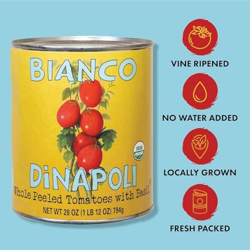 Bianco DiNapoli Organic Whole Peeled Canned Tomatoes in Puree, 28 Oz (Pack of 6), Vine Ripened California Grown, with Basil, Perfect for Soups, Sauces, Pasta and More