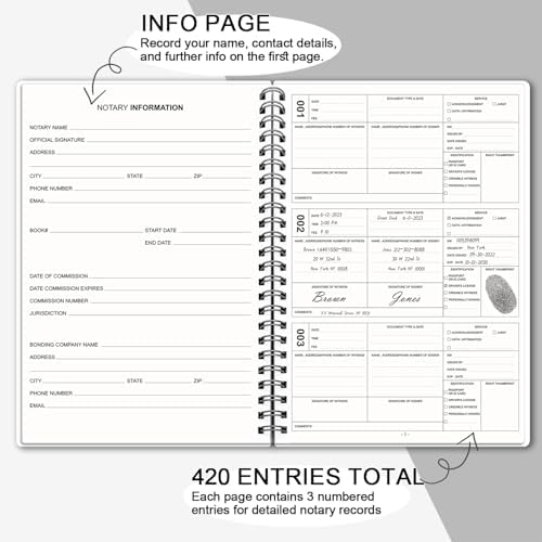 FFFPYGLQ Notary Journal Log Book, 7x10 Inch, Spiral Bound Book with 420 Record Entries, Notary Public Journal for Notarial Acts, Purple
