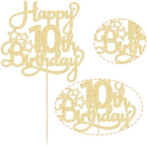 1 Pack Happy 10th Birthday Cake Topper Glitter Heart Star 10 Fabulous Cake Pick Birthday Sign Cake Decorations for Children 10th Birthday Theme Party Supplies Gold