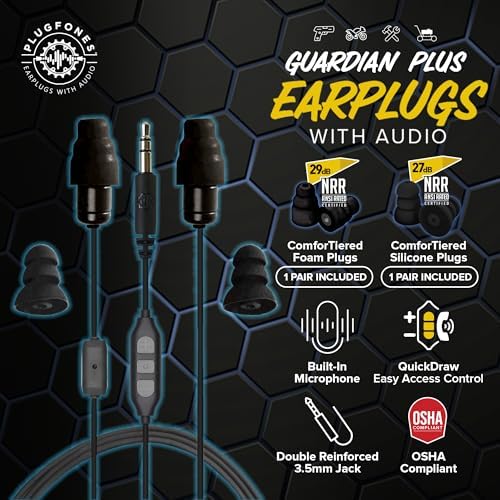 Plugfones Guardian Plus in-Ear Earplug Earbud Hybrid - Noise Reduction in-Ear Headphones with Noise Isolating Mic and Controls (Black)