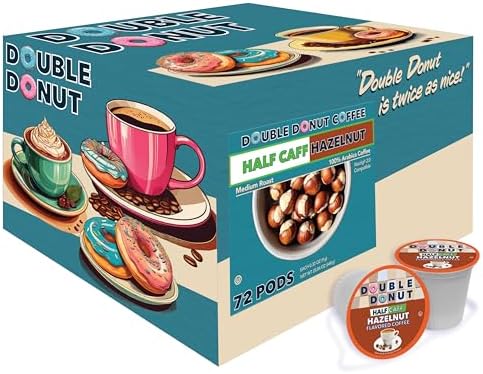 Double Donut Coffee Half Caff Hazelnut Flavored Coffee Pods, Medium Roast Coffee Compatible with Keurig K Cups Brewers 72 ct