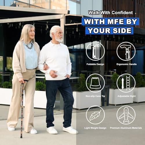 MFE Folding Cane, Portable 5-Level Adjustable Height Walking Stick with Foldable Design, Wrist Strap, and T Handle for Men and Women