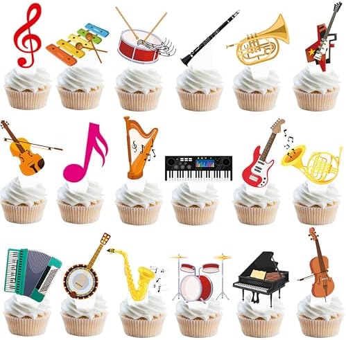 48Pcs Musical Instrument Cupcake Toppers Musician Birthday Party Decorations Music Note Guitar Piano Violin Theme Cupcake Picks Decorations for Music Theme Birthday Party Baby Shower Supplies