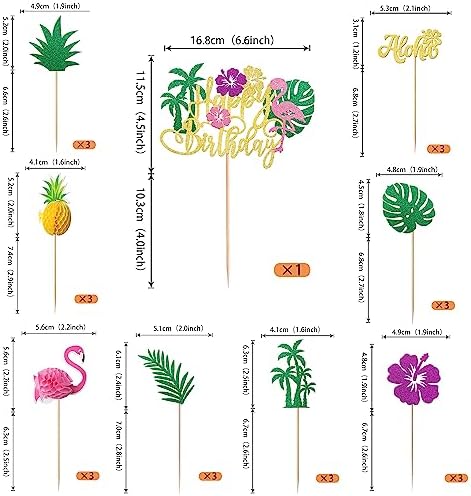 Rsstarxi 25 Pack Tropical Luau Cupcake Toppers with Happy Birthday Flamingo Cake Topper Palm Tree Flamingo Pineapple Cupcake Picks Decorations for Summer Beach Hawaiian Luau Birthday Party Decoration