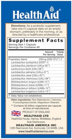 HealthAid ImmuProbio 50 Billion CFU Probiotic – Once Daily Digestive & Immune Support – with Prebiotic (FOS) & DDS-1 Strain – Acid & Bile Resistant – Vegan – 60 Capsules*
