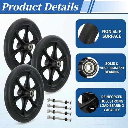 Covzoe 4 Pack 8 Inch Replacement Wheelchair Wheels, Wear Resistant Walker Wheels PU Tires, Anti-Slip Cast Roller Wheel for Most Floors, Black