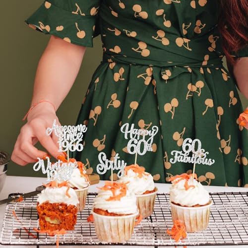 30Pcs Happy 60th Birthday Cupcake Toppers Glitter Sixty Vintage 1966 Cupcake Picks Cheers to 60 Fabulous Cake Decorations for 60th Birthday Wedding Anniversary Party Supplies Silver