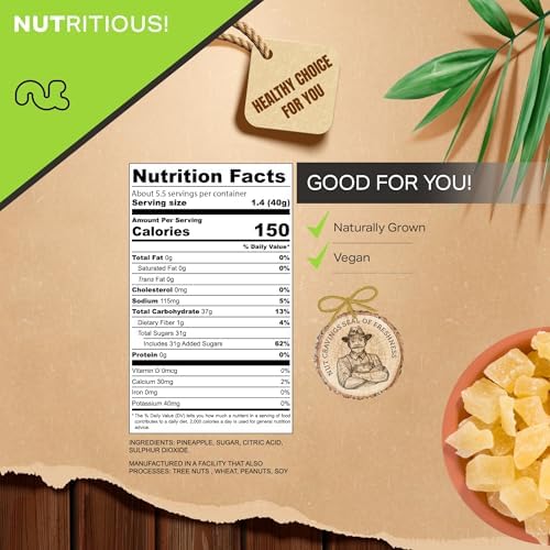 NUT CRAVINGS - Dried Pineapple Chunks, Lightly Sweetened (8oz, 1 Pack) Sweet Healthy Snack, Vegan, Kosher, Resealable Bag