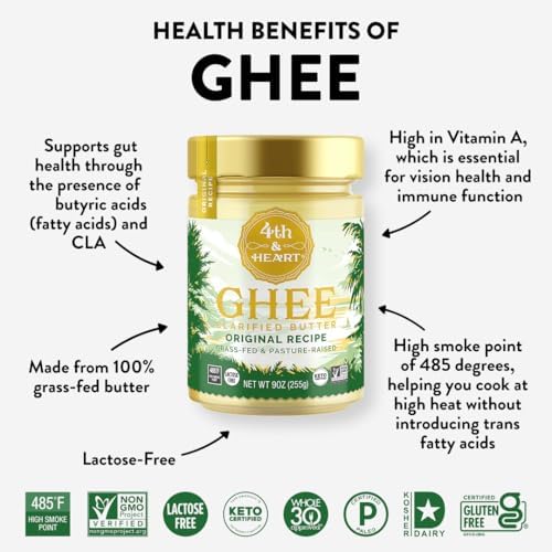 4th & Heart Original Grass-Fed Ghee, Clarified Butter, 1:1 Butter Substitute, Pasture-Raised, Lactose & Casein Free, 9 oz