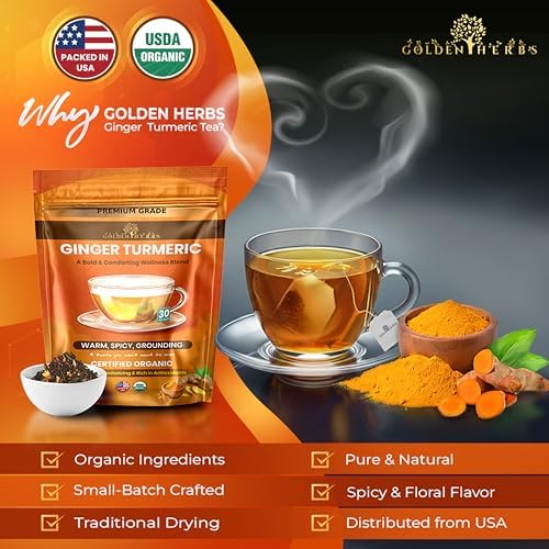 Golden Herbs Organic Ginger Turmeric Tea – USDA Organic Herbal Tea, Caffeine Free, Warming Wellness Blend, 30 Biodegradable Tea Bags, Packed in USA