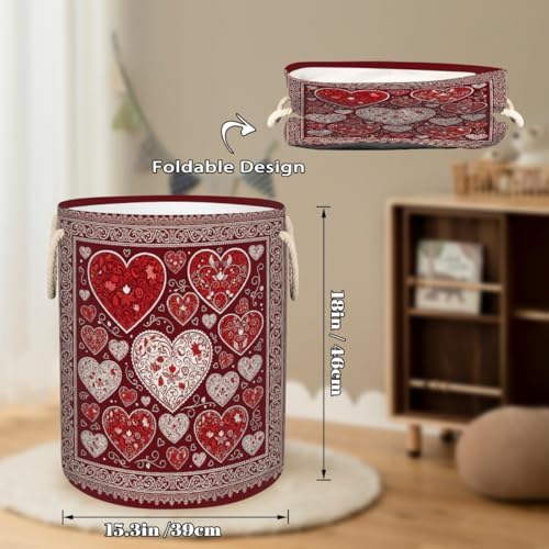 Large Laundry Basket Hamper 58L - Valentines Day Collapsible Storage Bin for Blankets, Kids Toys, Dirty Clothes - Tall Baby Nursery Hamper for Bedroom, Bathroom Decor, Gift Basket