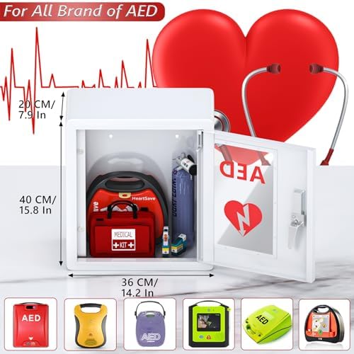 NLShan AED Cabinet Wall Mount: Steel Defibrillator Storage Case with PVC Clear Window and Handle - for Hospitals/Schools/Offices (14.2" Wx7.9 Dx15.8 H)