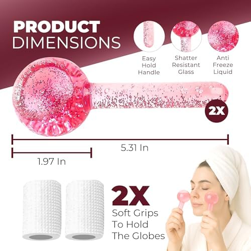 Ice Globes for Face 2Pcs – Freezer Safe Ice Globes for Facials, Skin Tightening & Anti-Aging – Reusable Facial IceGlobes for Reduction of Puffiness & Wrinkles of Face, Neck & Eyes–Pink