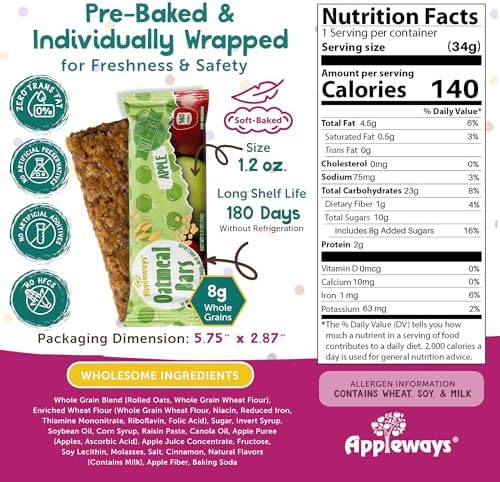 Appleways Apple Oatmeal Bars, 1.2 oz, 216 Count - Individually Wrapped, Whole Grain Soft Baked Oat Snack Bars, Healthy and Nut-Free Breakfast Bar Snacks for On the Go, Made in USA (16.2 lbs Total)