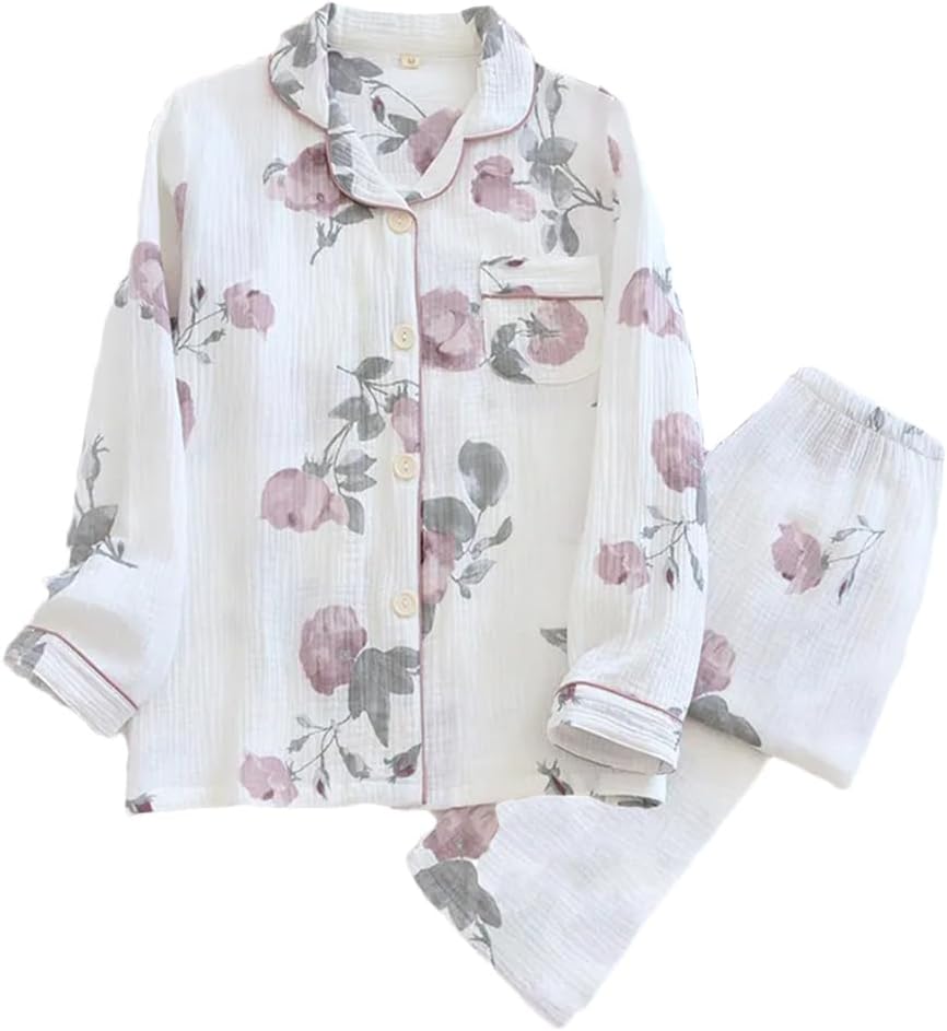 REHJJDFD Women's Printed Cotton Pajamas Set Gauze Turn-Down Collar Long-Sleeve Trousers Household Wear