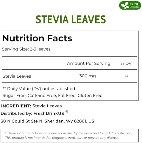 FreshDrinkUS, Premium 300+ Natural Stevia Leaves, Whole Dried Leaves, 100% Pure Stevia Dried Leaves, Zero Calorie Sweetener, No Additives, No Caffeine, Vegan
