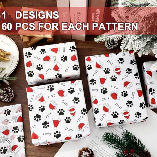 Whaline 60 Pcs Christmas Tissue Paper Santa Hat Dog Paw Bone Wrapping Paper Decorative Art Tissue for Xmas Winter DIY Craft Packing, 14 x 20 Inch