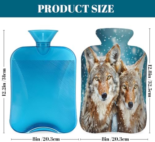 Hot Water Bottle with Cover, Winter Animal Wolf Snow 2L Hot Water Bag for Hot/Cold Compress, Hand Feet Warmer, Menstrual Cramps, Neck and Shoulder Pain Relief