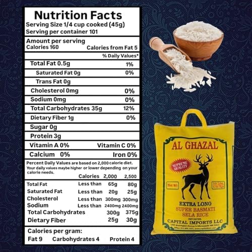 Al Ghazal Extra Long Super Basmati Sela Rice 10 Lbs / 4.54 kg, Non GMO, Extra Long Basmati Rice, White Rice, Vegan Dried Rice, BPA & Gluten Free, Zip Lock Bag, Non Sticky Grain