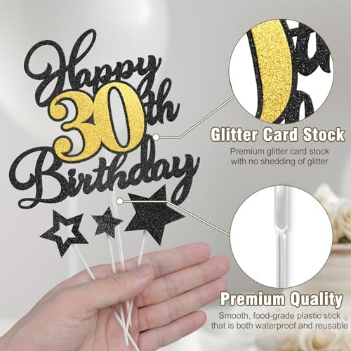 Happy 30th Birthday Cake Toppers, Black Gold Glitter Cake Decorations Set, 30th Birthday Decor for Him Her, Birthday Anniversary Party Decorations Supplies