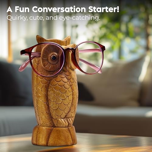 Owl Eyeglass Holder Stand - Handcrafted in Indonesia - Wooden Glasses Holder for Nightstand - Sunglasses Stand Display, Versatile Eyewear Storage for Reading Glasses, Spectacles & More