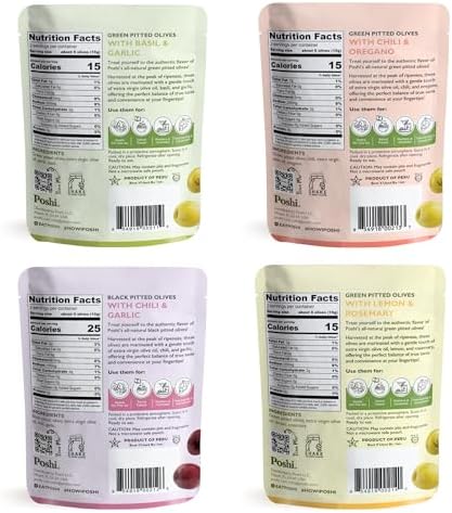 Poshi Natural Whole Pitted Olives | 24 Pack Variety | Basil & Garlic, Chili & Oregano, Chili + Garlic, Lemon & Rosemary | Vegan, Kosher, Gluten Free + Keto Friendly Healthy Snacks, 1.1 Oz (Pack of 24)