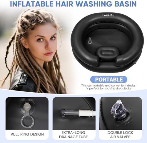 Black Inflatable Shampoo Basin, Stain Resistant Ergonomic Neck Support Hair Washing Bowl for Bedridden Elderly Disabled, Portable Leakproof PVC Sink with Drain Hose for Home Care Locs Detox