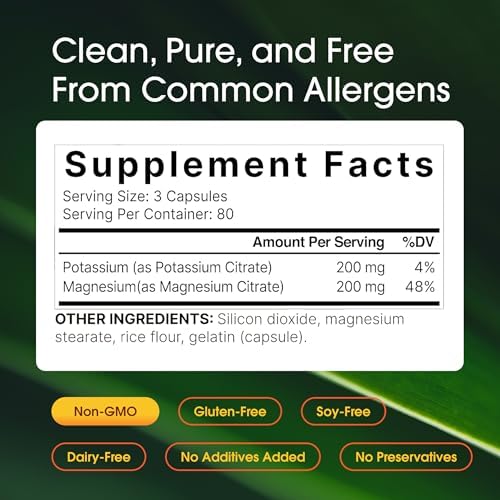 NatureBell Potassium Magnesium - 240 Capsules - 200mg Potassium Citrate & 200mg Magnesium Citrate - High Absorption Electrolyte & Circulation Support* - Muscle & Heart Support*